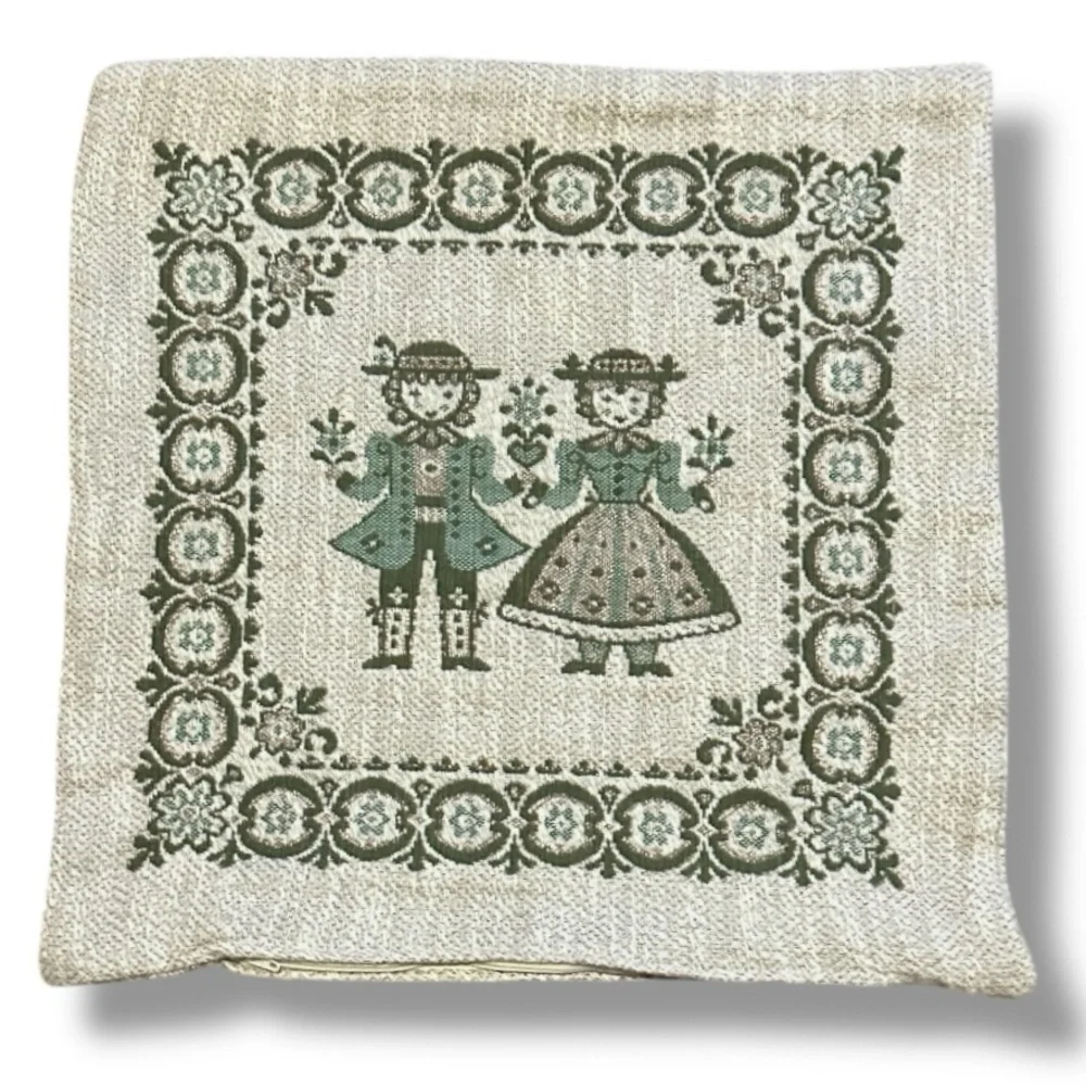 Vintage Austrian Folk Woven Square Pillow Case Boy Girl Beige Green Oktoberfest